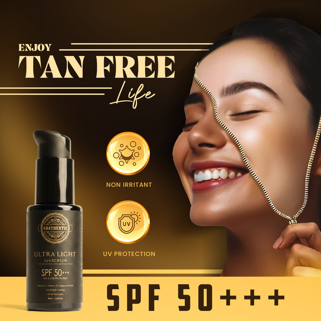 Ultra Light Sunscreen SPF 50+++ | UVA &amp; UVB Broad Spectrum Protection | with Vitamin C + Vitamin E + Hyaluronic Acid | Soothing &amp; Cooling | 50ml