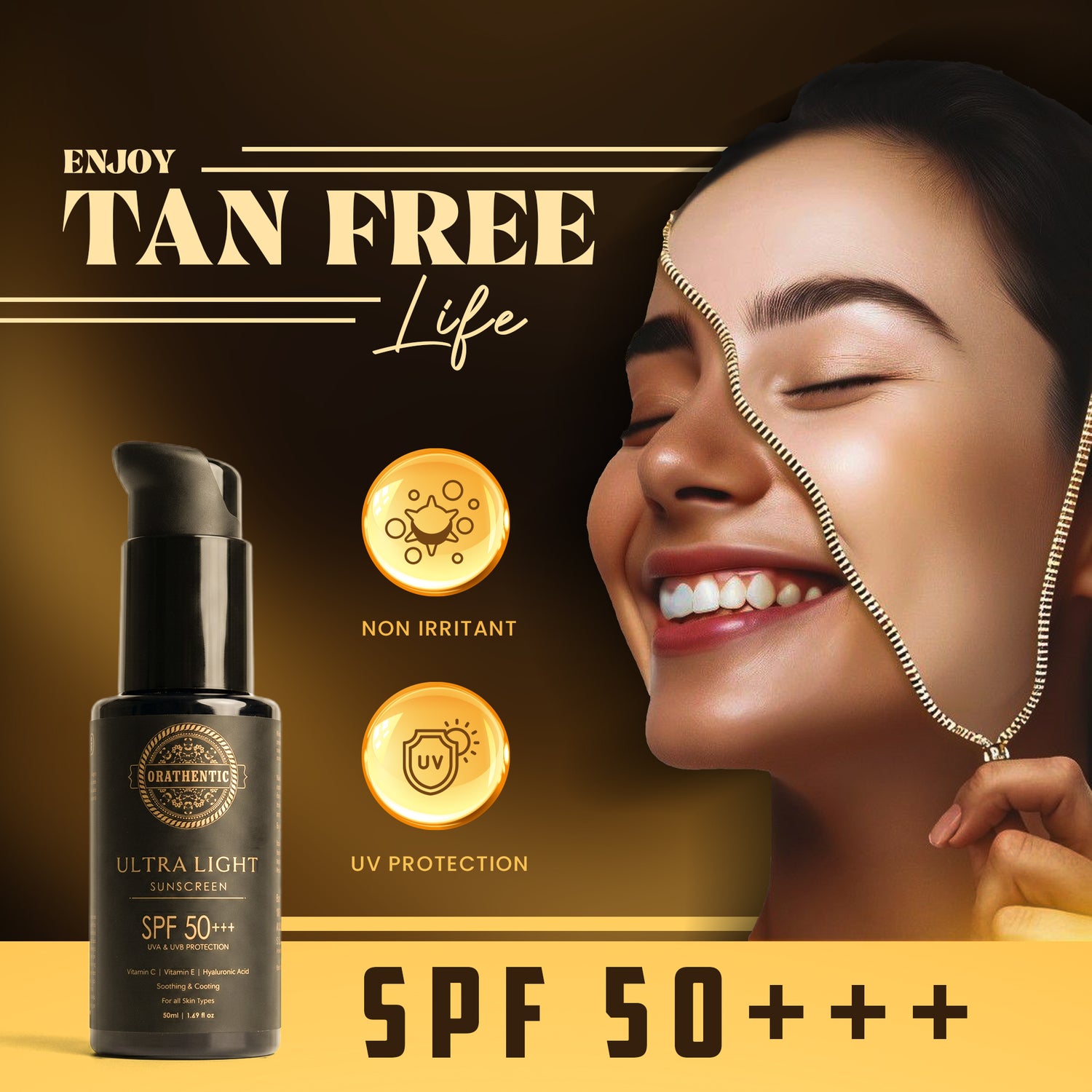 Ultra Light Sunscreen SPF 50+++ | UVA &amp; UVB Broad Spectrum Protection | with Vitamin C + Vitamin E + Hyaluronic Acid | Soothing &amp; Cooling | 50ml