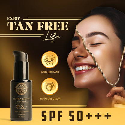 Ultra Light Sunscreen SPF 50+++ | UVA &amp; UVB Broad Spectrum Protection | with Vitamin C + Vitamin E + Hyaluronic Acid | Soothing &amp; Cooling | 50ml