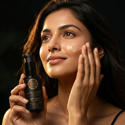 Ultra Light Sunscreen SPF 50+++ | UVA &amp; UVB Broad Spectrum Protection | with Vitamin C + Vitamin E + Hyaluronic Acid | Soothing &amp; Cooling | 50ml