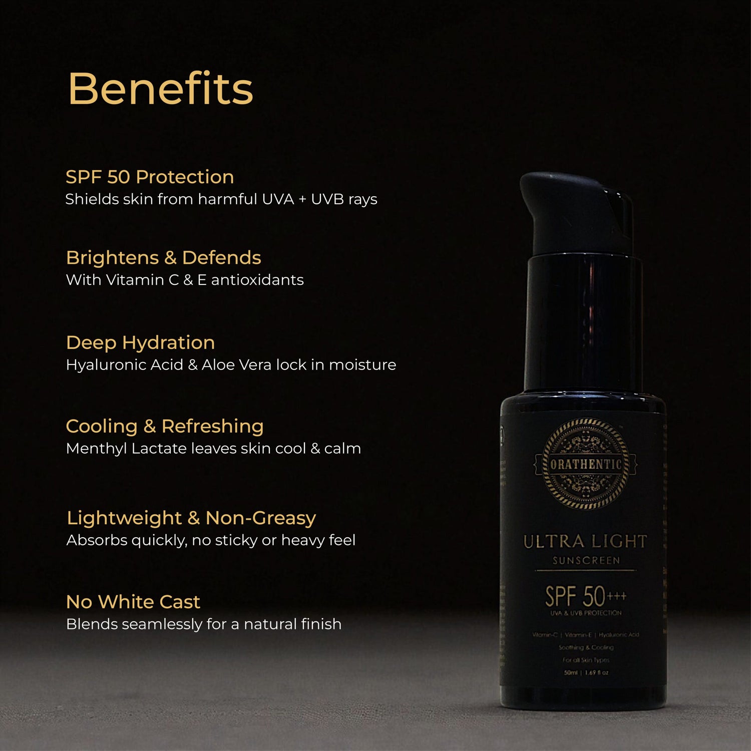 Ultra Light Sunscreen SPF 50+++ | UVA &amp; UVB Broad Spectrum Protection | with Vitamin C + Vitamin E + Hyaluronic Acid | Soothing &amp; Cooling | 50ml