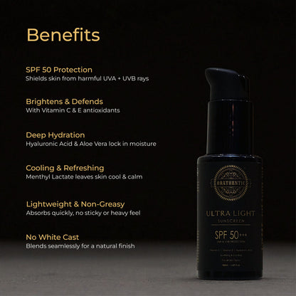 Ultra Light Sunscreen SPF 50+++ | UVA &amp; UVB Broad Spectrum Protection | with Vitamin C + Vitamin E + Hyaluronic Acid | Soothing &amp; Cooling | 50ml